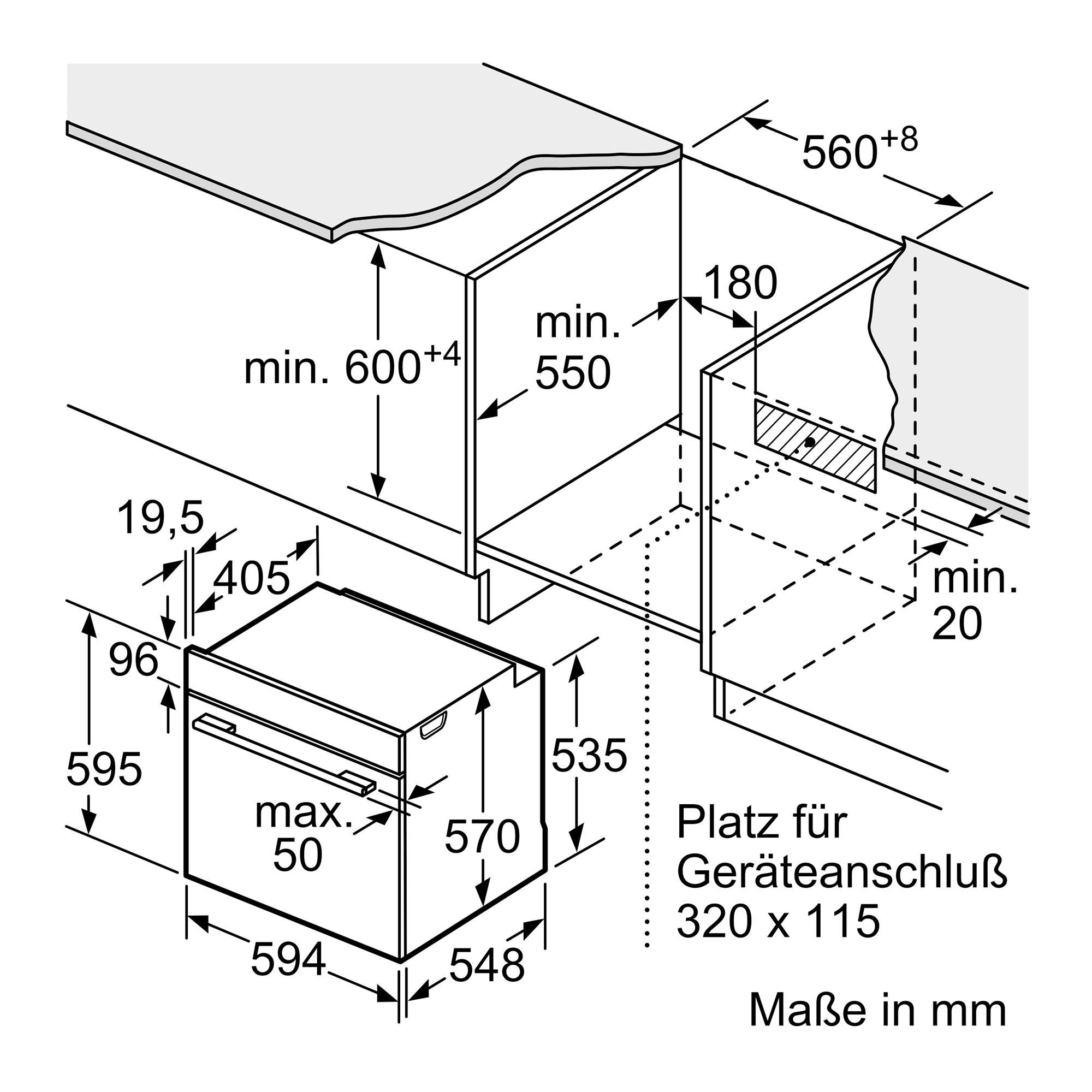Technische Zeichnung eines Einbauofens mit Maßen in Millimetern.