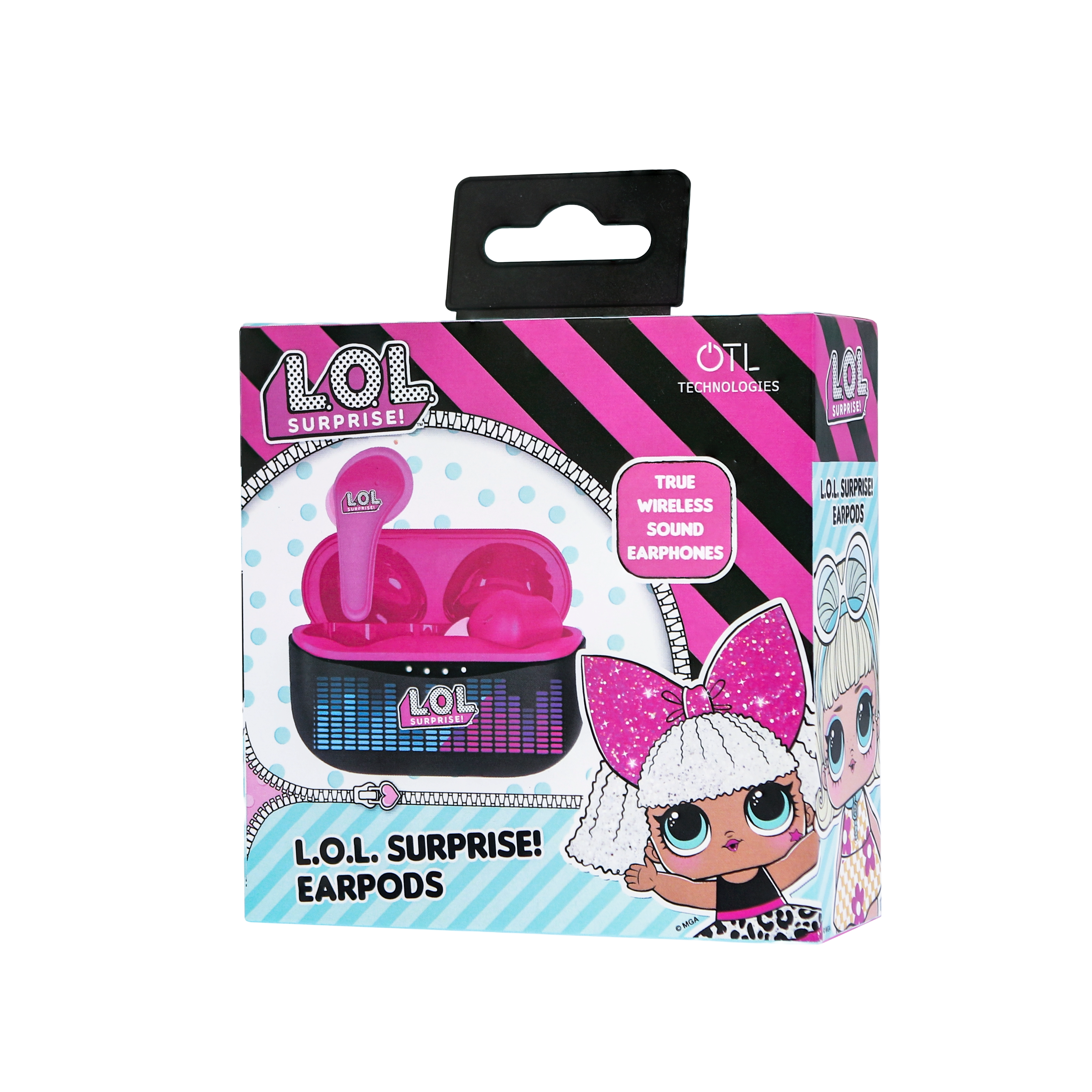 Pudełko słuchawek LOL Surprise!, różowe i czarne. Zawiera grafikę lalki i tekst True Wireless Sound Earphones.