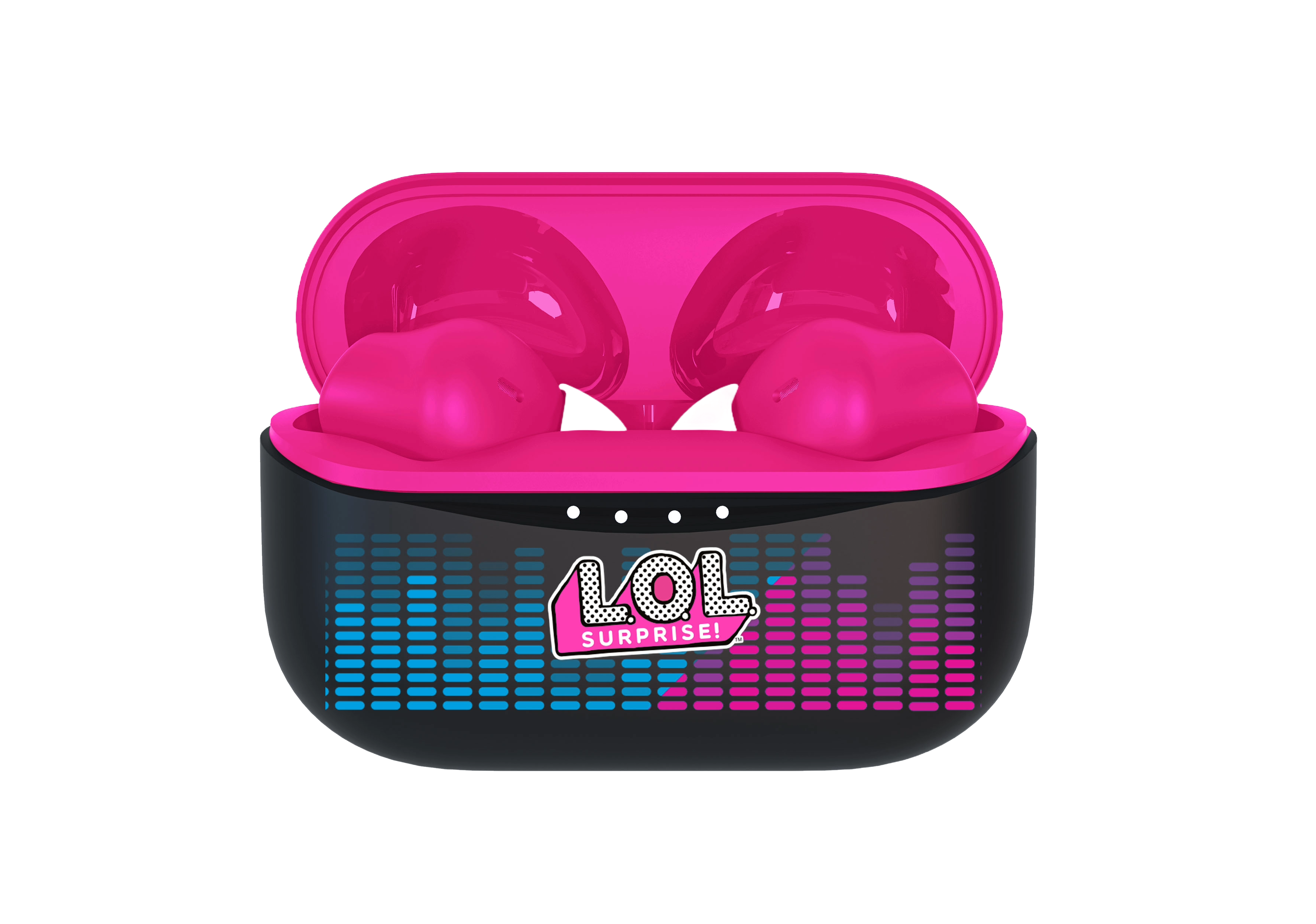 Różowe słuchawki w czarnym etui. Etui ma grafikę fal dźwiękowych i tekst "LOL SURPRISE!".