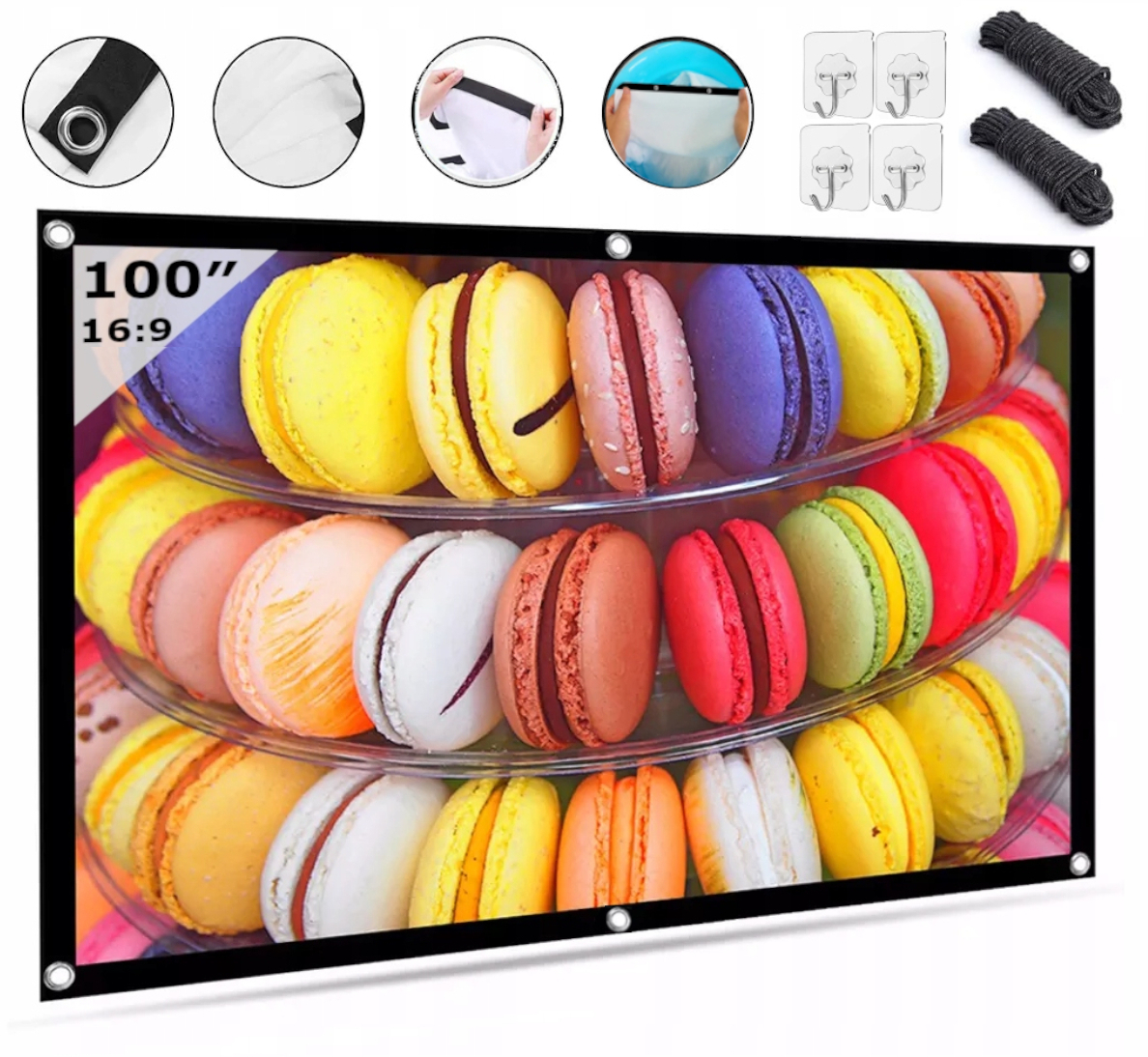 Ekran projektora 100-calowy z makaronikami. Ma czarną obwódkę i wyświetla kolorowe ciastka.