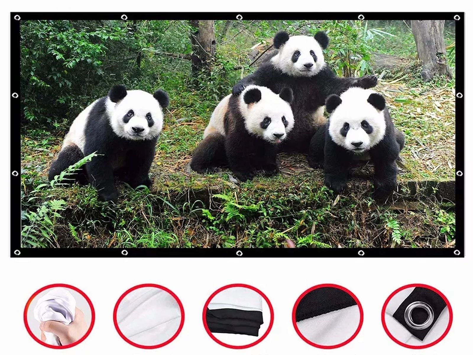 Cztery pandy na czarnym ekranie. Białe tło. Próbki materiału poniżej.