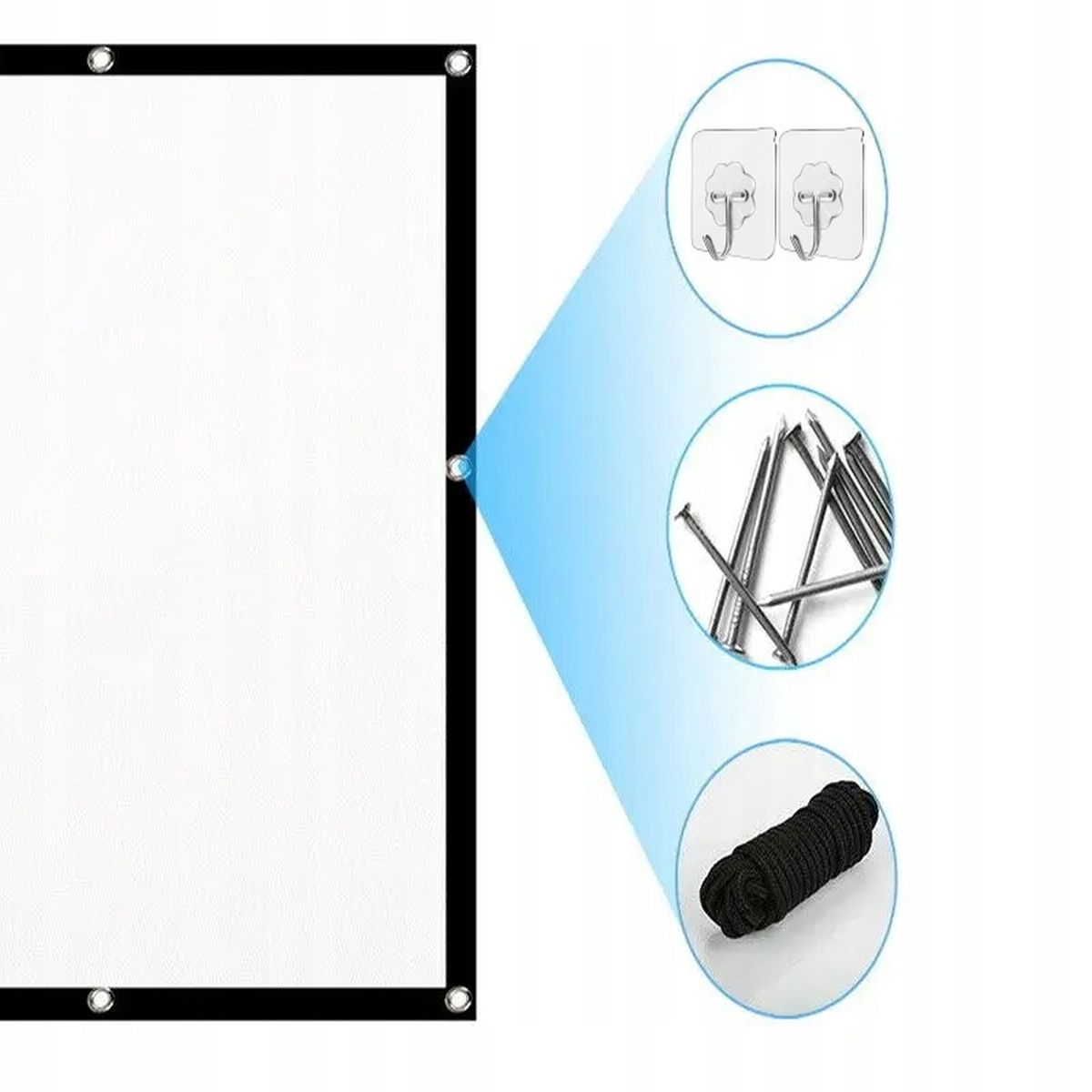 Biały ekran projekcyjny z czarnymi obramowaniami, z akcesoriami montażowymi.