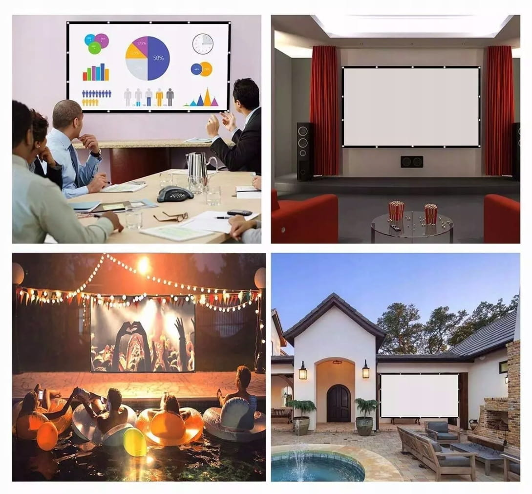 Cztery sceny z ekranami projekcyjnymi w użyciu: sala konferencyjna, kino domowe, impreza przy basenie i podwórko.