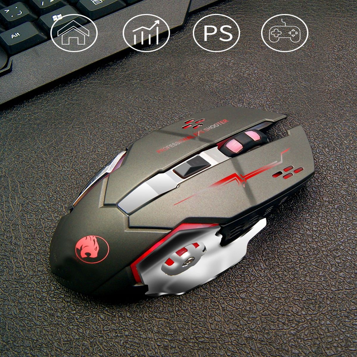 Mysz do gier na biurku. Jest ciemnoszara z czerwonymi akcentami i przyciskami.