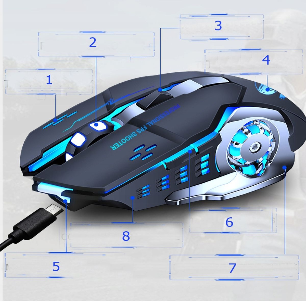 Czarna mysz do gier z niebieskimi światłami i etykietami. Białe tło.