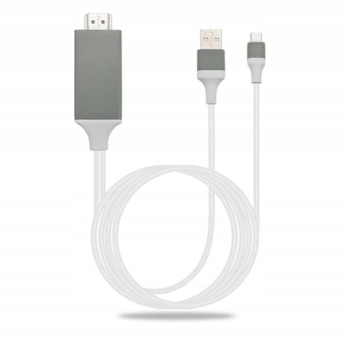 Biały kabel HDMI z szarą wtyczką i wtyczką USB-C, zwinięty.