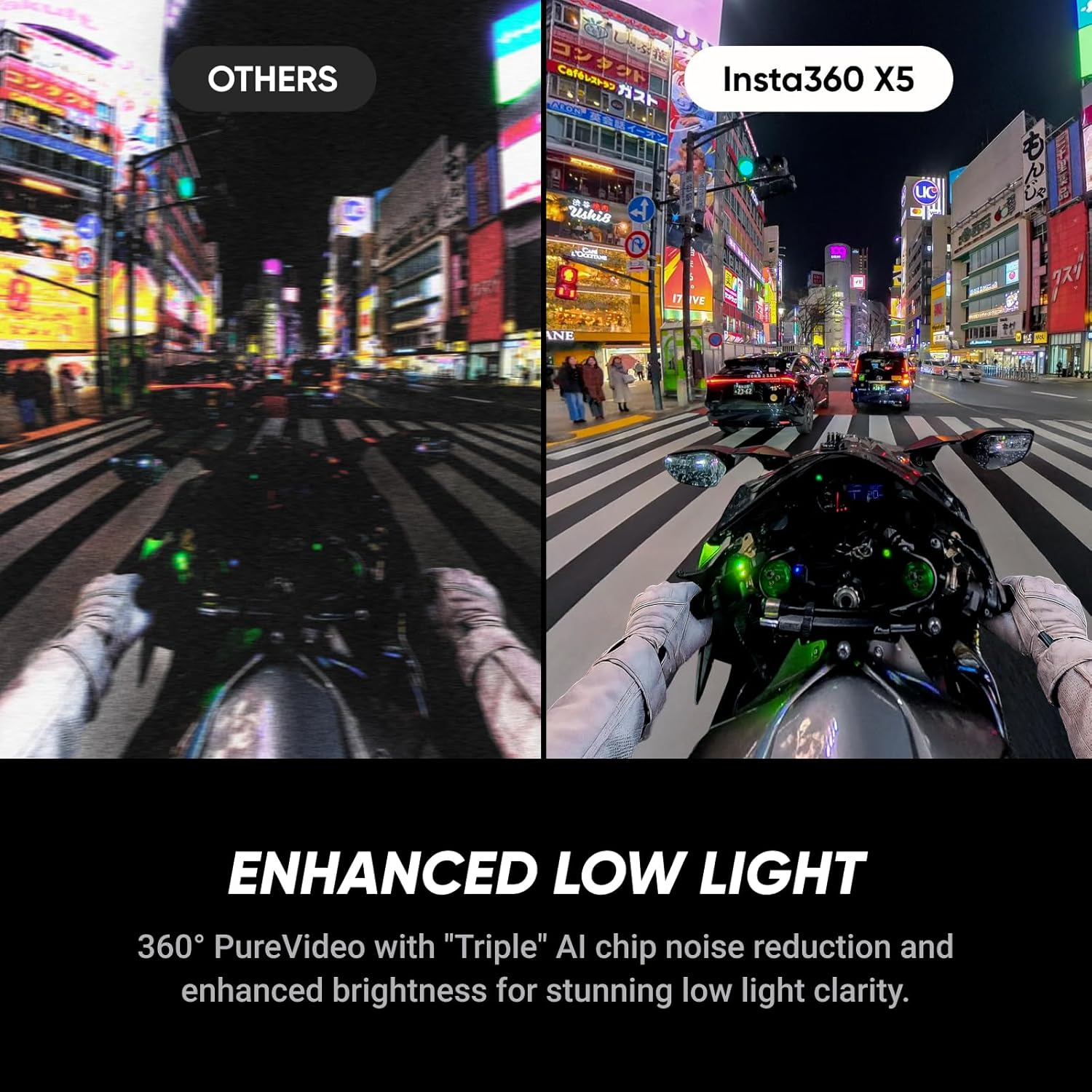 Geteiltes Bild: links dunkle Stadt, rechts Motorrad mit verbesserter Low-Light-Klarheit.