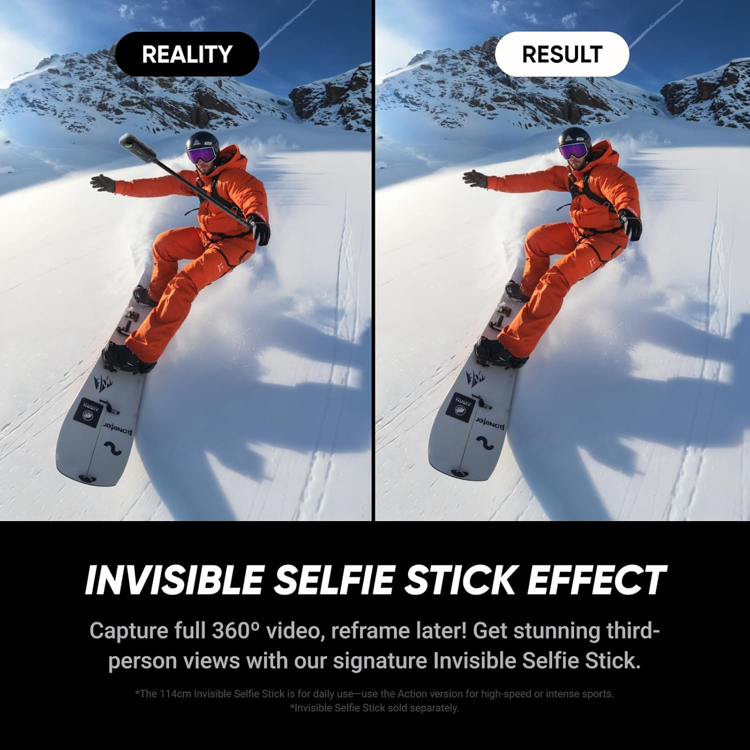 Snowboarder. Zeigt zwei Bilder. Realität und Ergebnis. Zeigt den Effekt eines unsichtbaren Selfie-Sticks.
