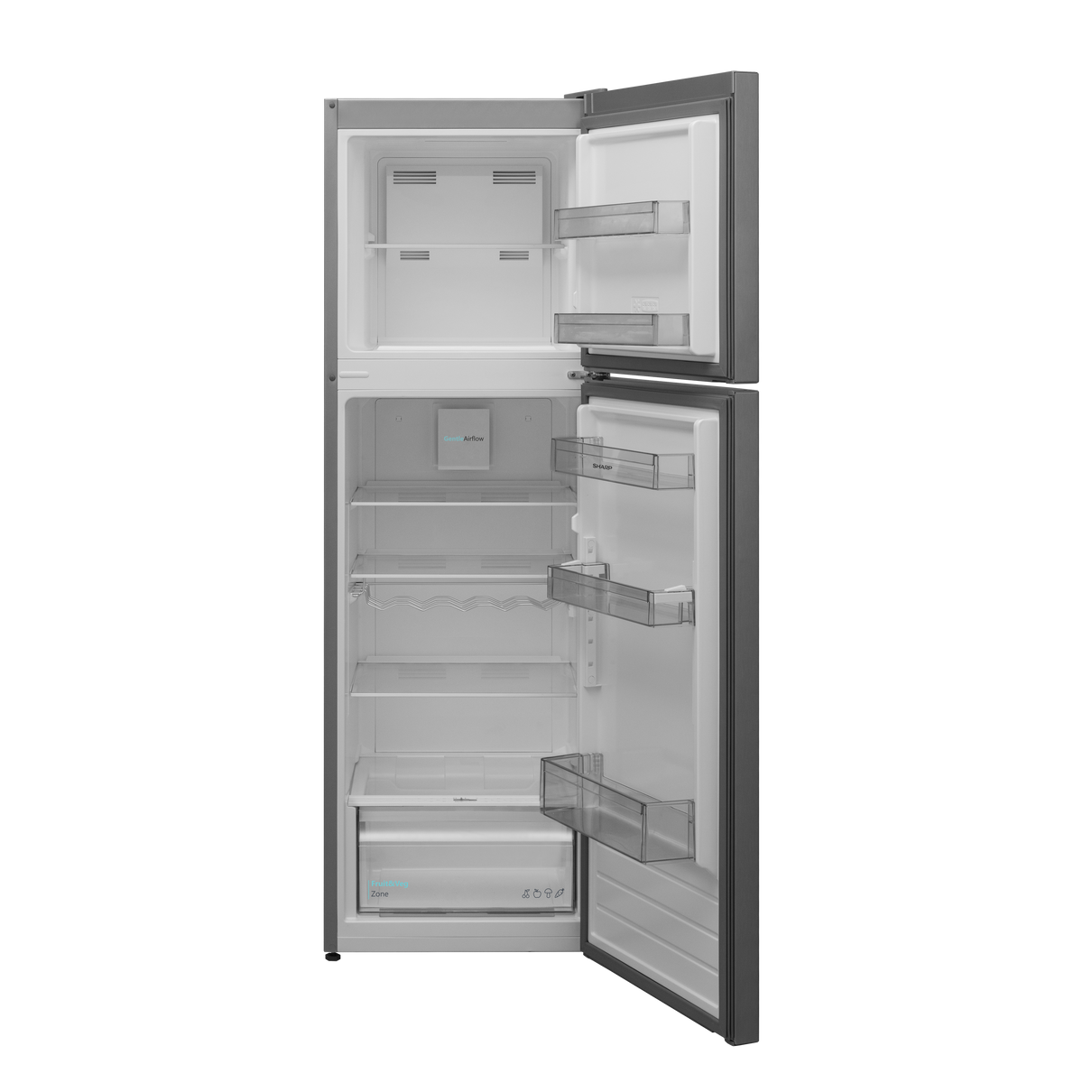 Un frigorifero TCL grigio scuro con una porta superiore e inferiore e un pannello di controllo sulla porta superiore.