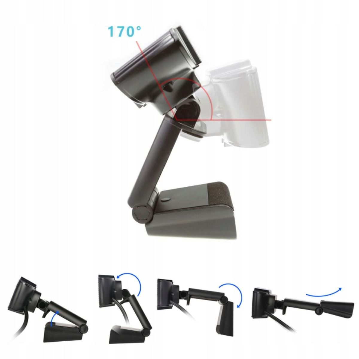 Czarna kamera internetowa z regulowanymi kątami i pokazanymi czterema różnymi pozycjami.