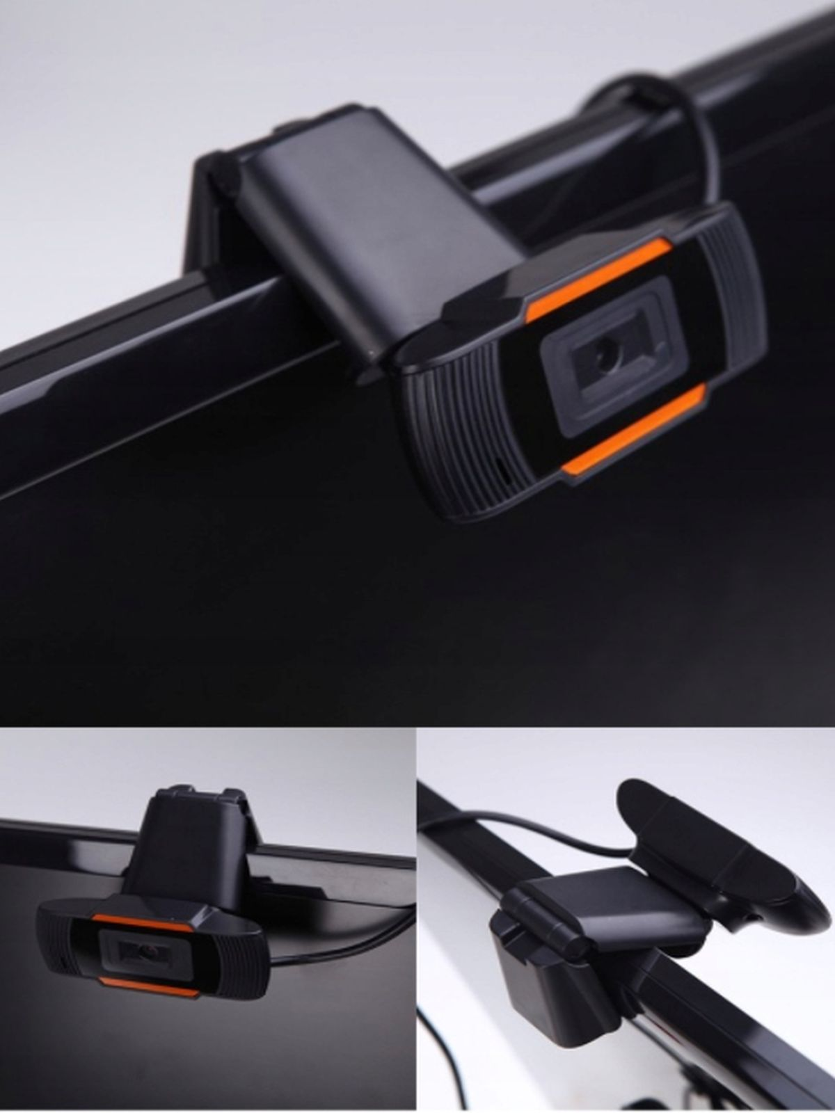 Czarna kamera internetowa zamontowana jest na monitorze, z pomarańczowymi akcentami. Obraz pokazuje różne perspektywy i detale.