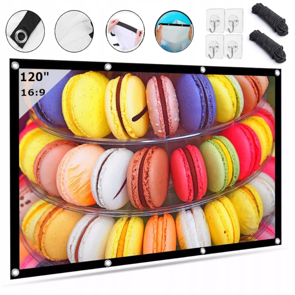 Ekran z makaronikami. Wiele kolorów, ułożonych w rzędach. Haczyki i czarna obwódka.