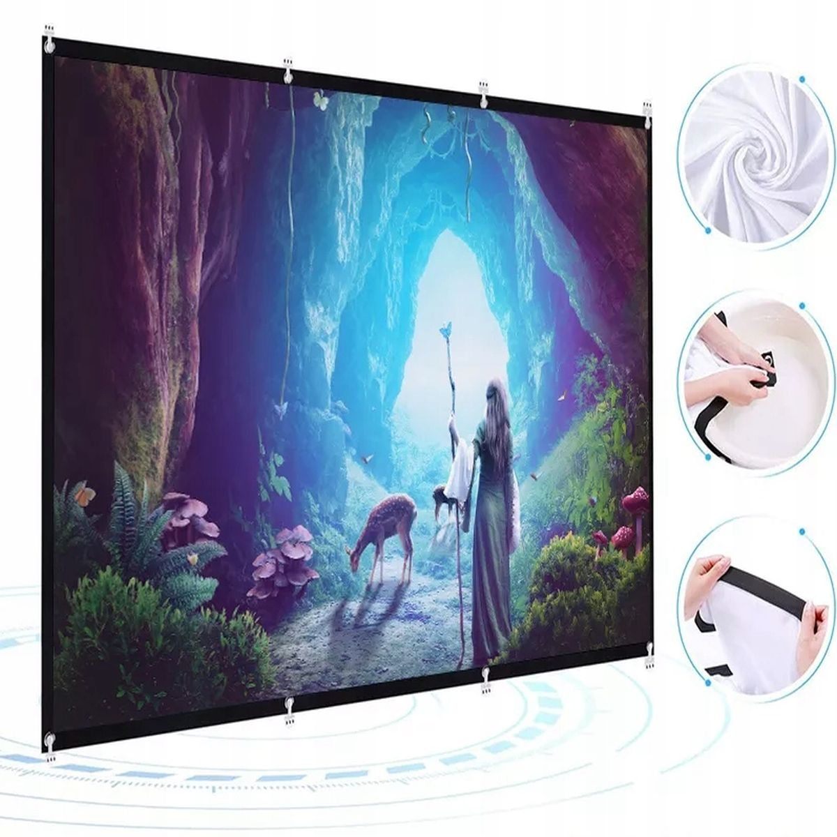 Duży ekran projekcyjny z fantastyczną sceną. Trzy małe obrazy pokazują, jak go używać.