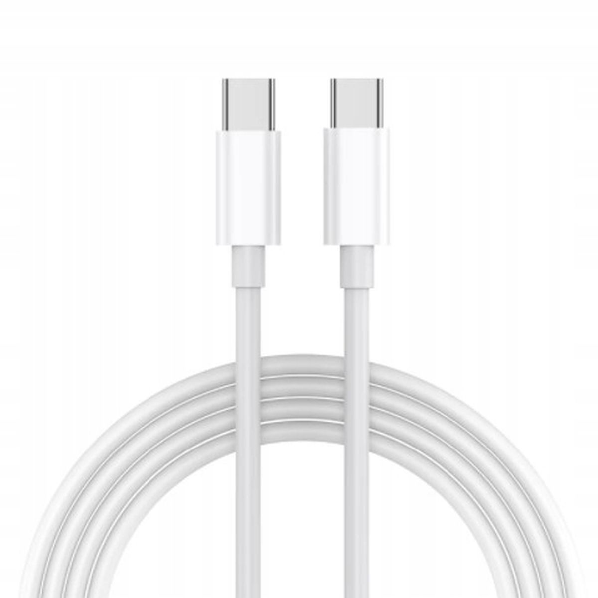 Dwa białe kable USB-C, obok siebie, na białym tle. Złącza są kwadratowe.