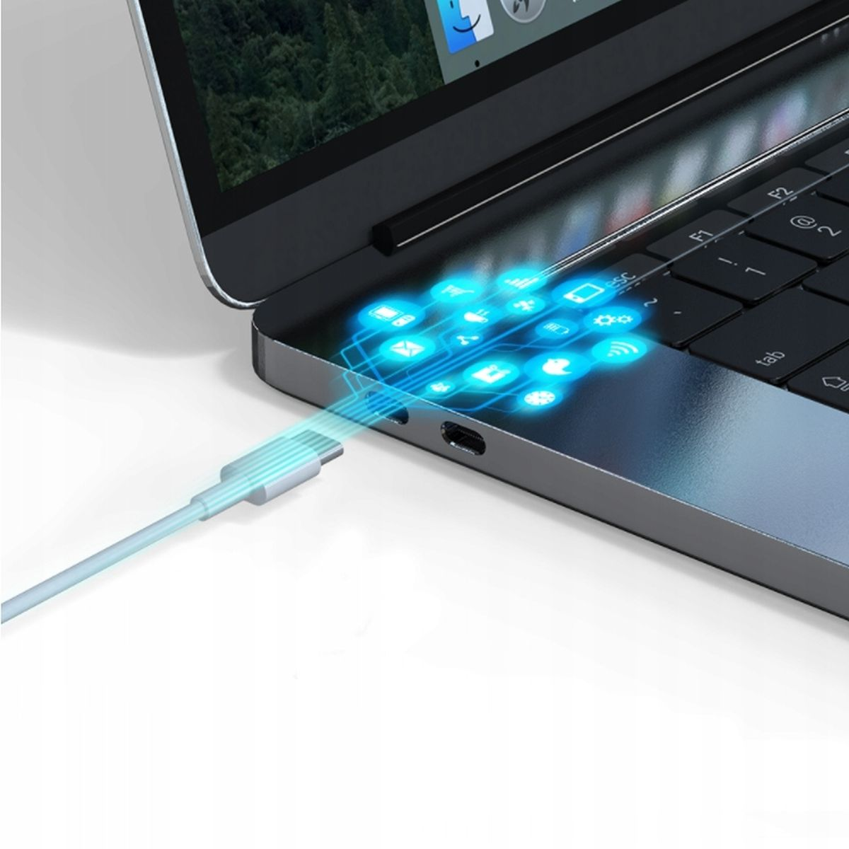 Laptop i podłączony kabel USB-C. Niebieska grafika na ekranie.