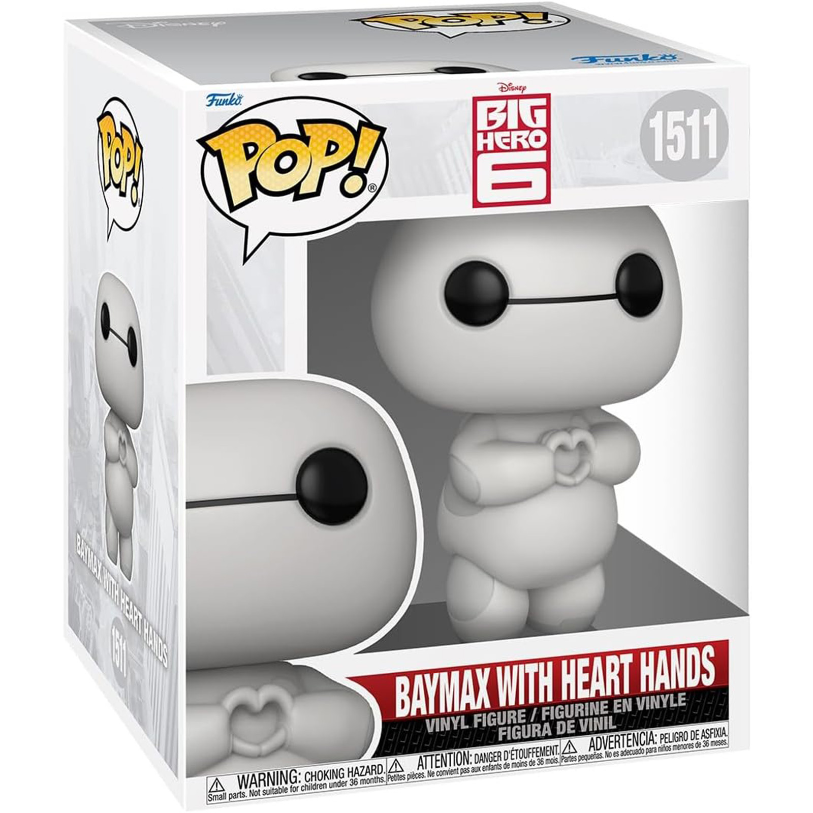 Figura de Baymax en caja, blanco, manos en forma de corazón, con texto.
