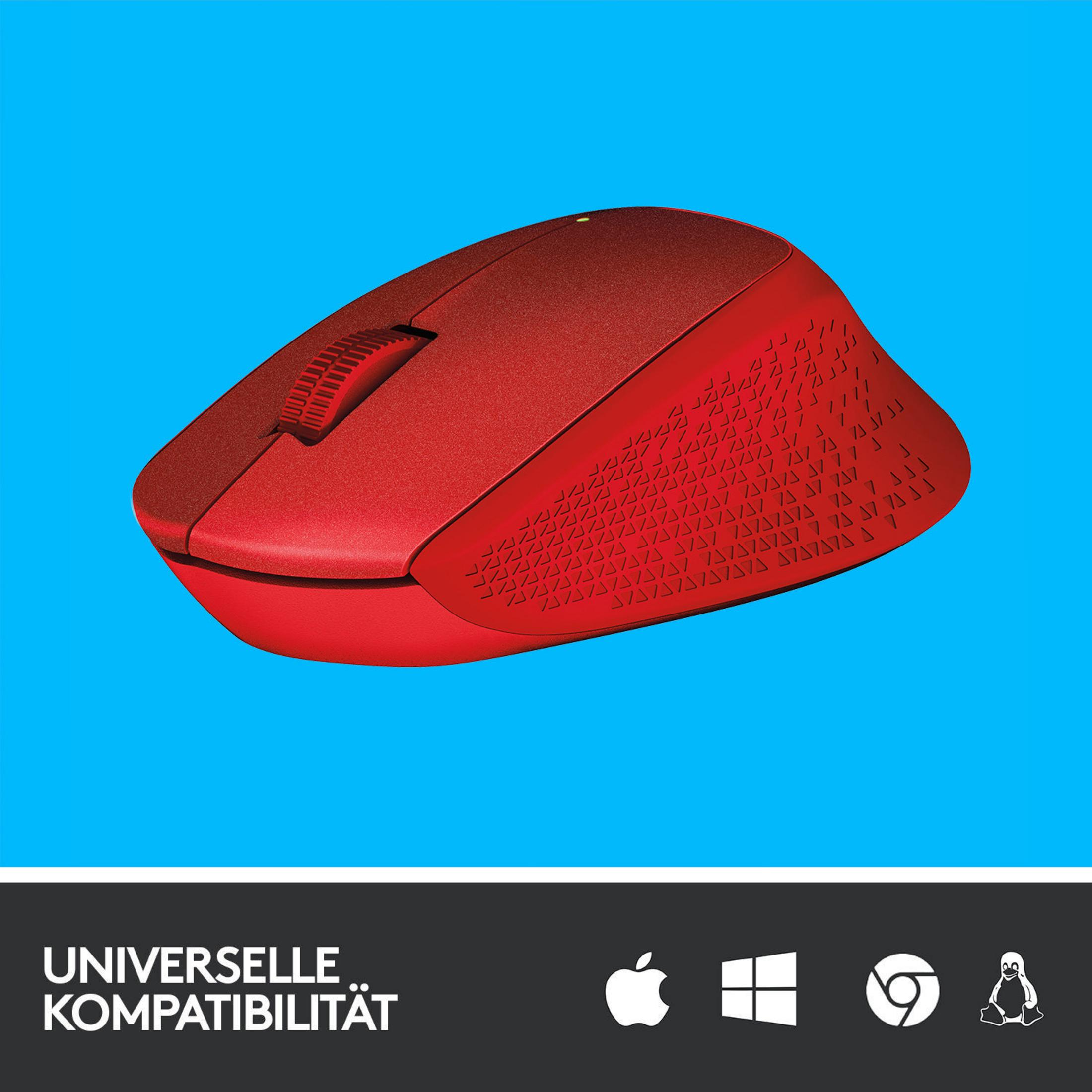 Czerwona mysz Logitech na niebieskim tle z ikonami kompatybilności i tekstem.