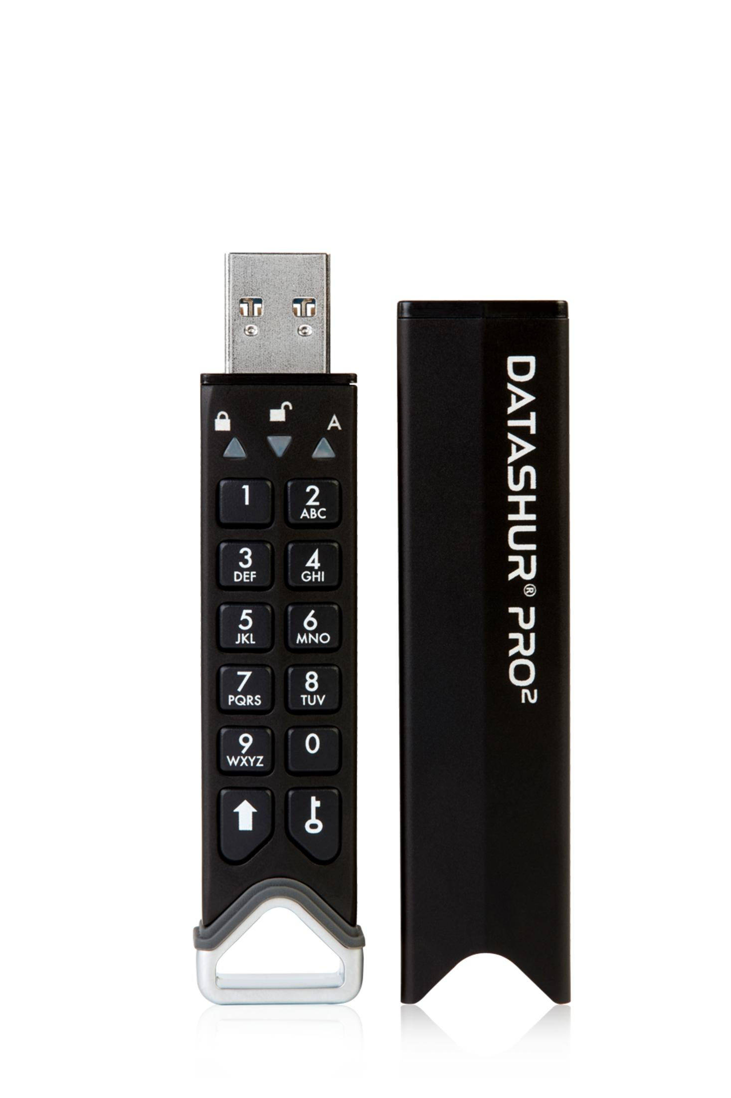 Schwarzer DataShur Pro2 USB-Stick mit Tastatur und offener Kappe.