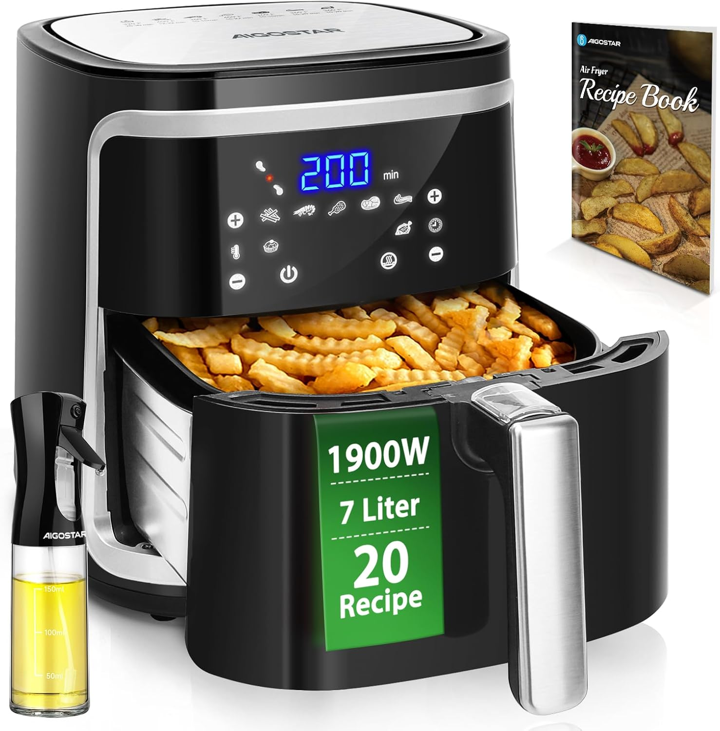 Schwarze Heißluftfritteuse mit Pommes, Ölsprühflasche und Rezeptbuch.
