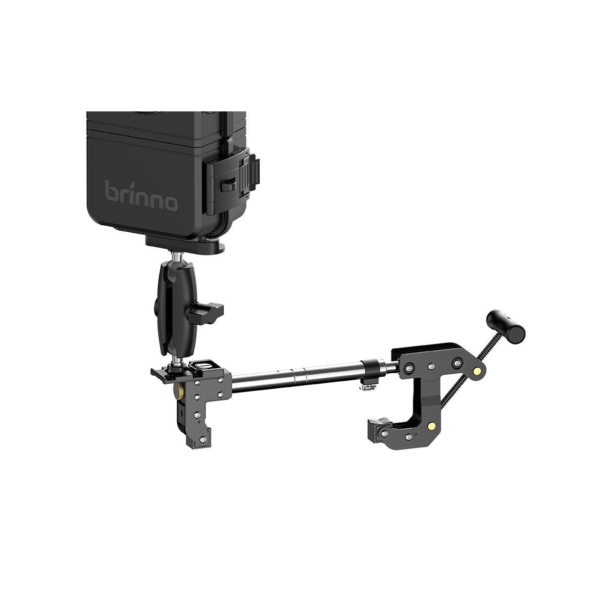 Supporto per fotocamera nero con braccio regolabile e morsetto. Il logo Brinno è sul corpo della fotocamera.