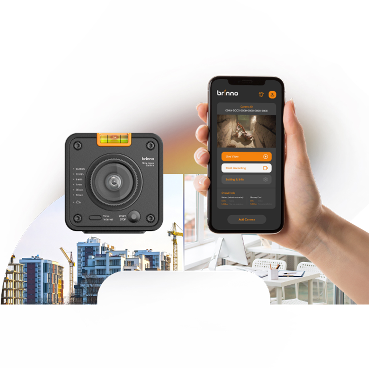 Una fotocamera nera e un telefono che mostra un'interfaccia dell'app. Cantiere visibile sullo sfondo.