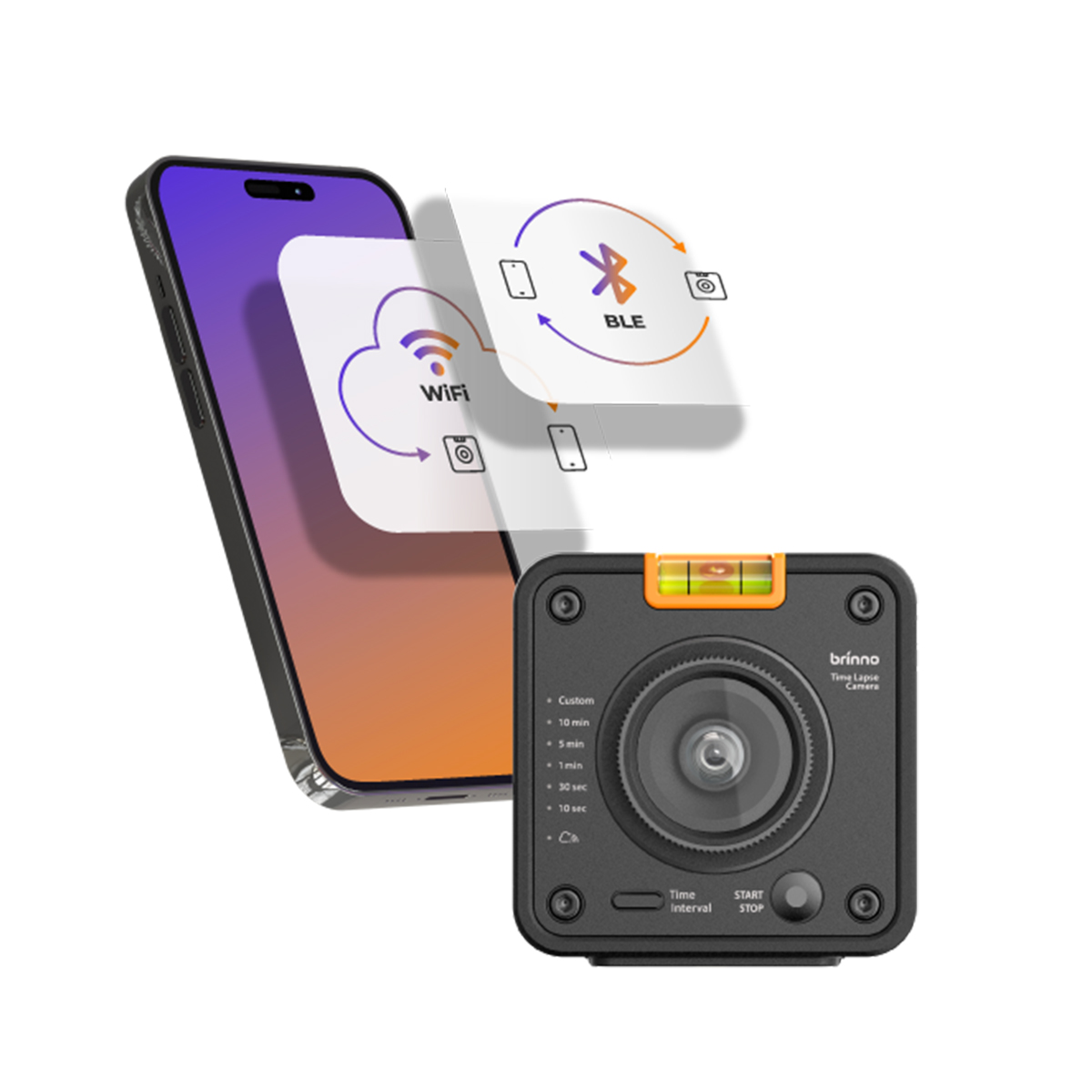 Una fotocamera e uno smartphone. Mostra una connessione wifi e bluetooth e le impostazioni time-lapse.
