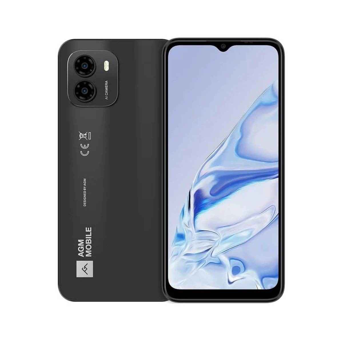 Ein schwarzes AGM Mobile-Telefon mit zwei Kameras. Das Telefon liegt auf einer weißen Oberfläche. Die Rückseite ist sichtbar.