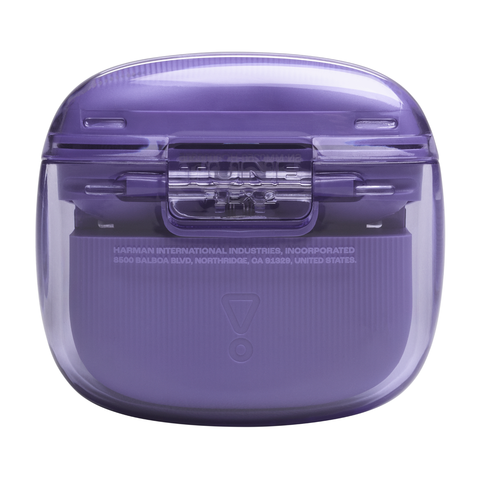 Custodia di ricarica JBL viola, trasparente, con componenti interni e testo.