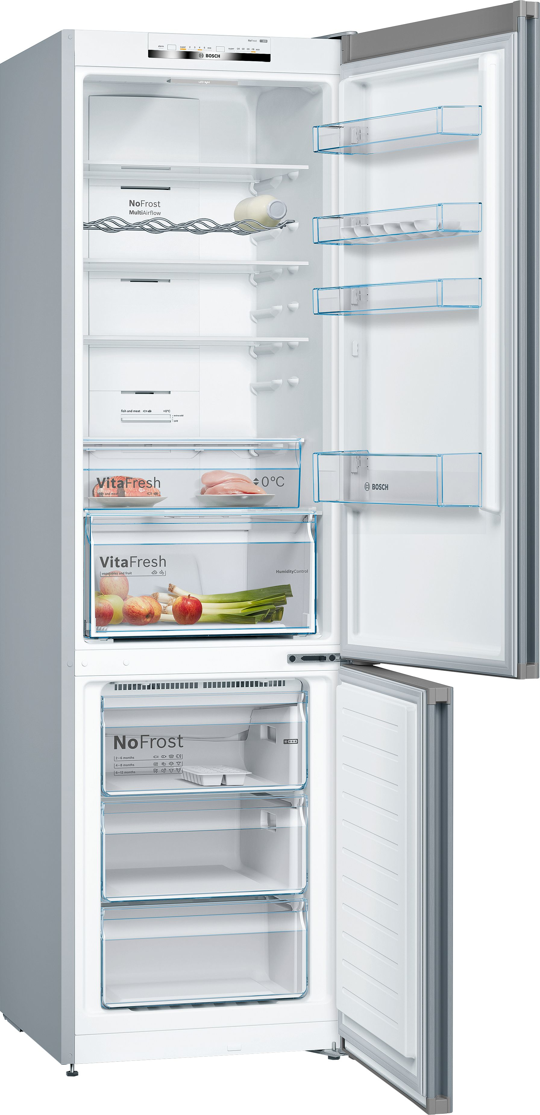 Refrigerador abierto mostrando el interior con estantes, cajones y alimentos.