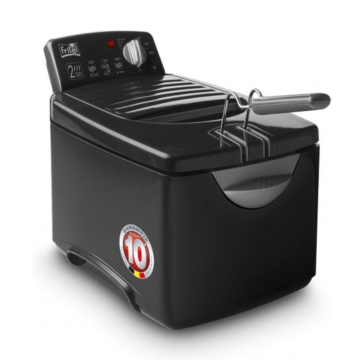 Een zwarte friteuse met een zilveren handvat en een 10-jarige garantie sticker aan de zijkant.