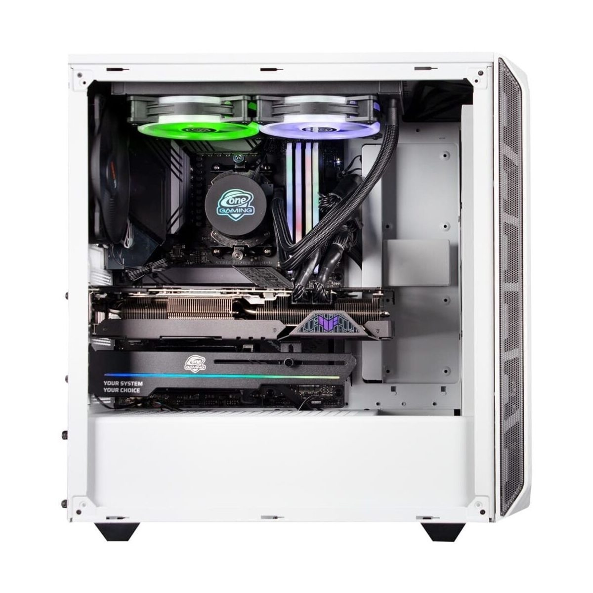 Geöffnetes weißes Computergehäuse, das die Komponenten zeigt: Lüfter, GPU und Motherboard.