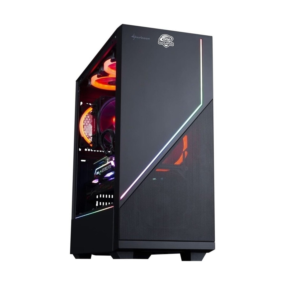Schwarzes Computergehäuse mit Glas-Seitenwand, mit internen Komponenten und RGB-Beleuchtung.