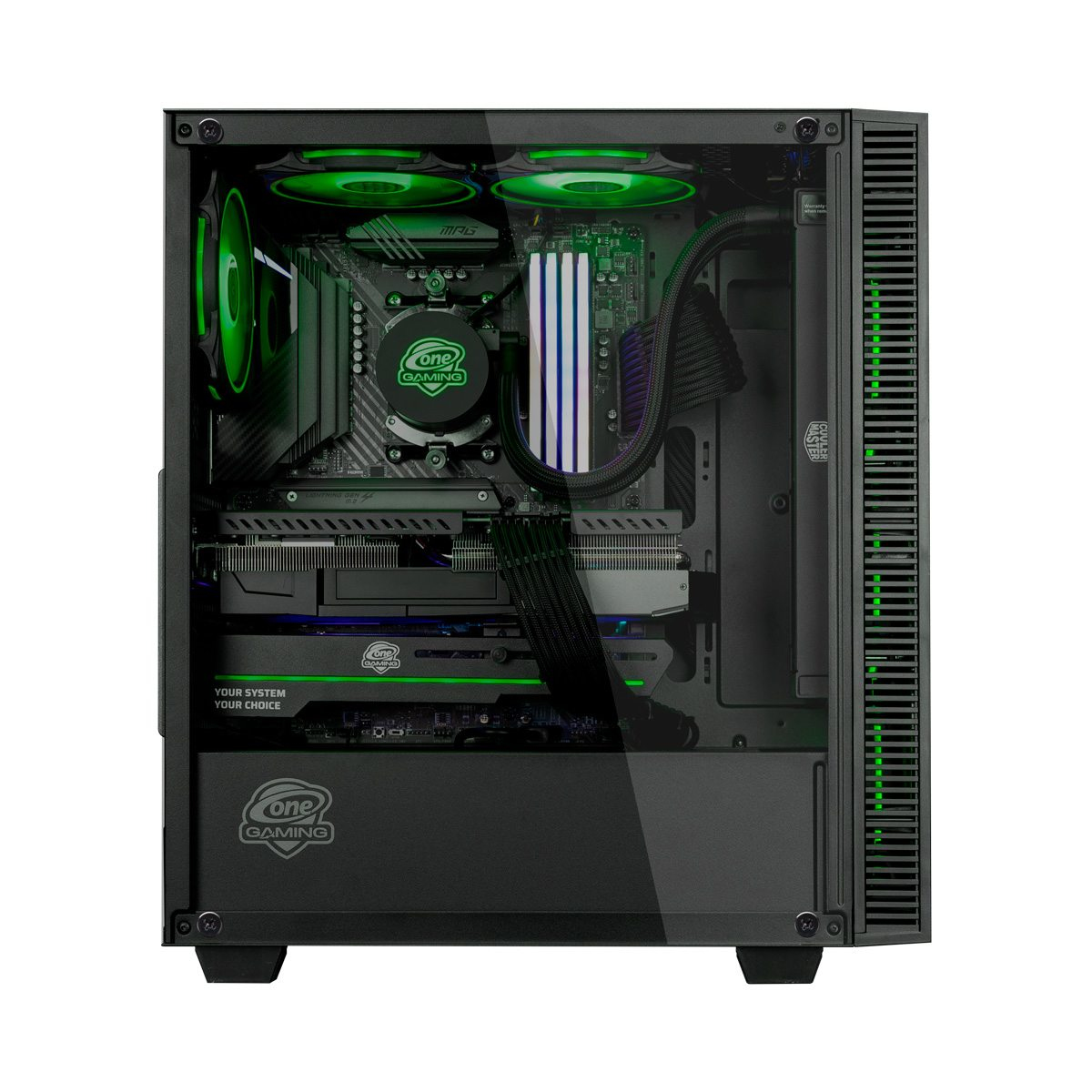 Ein schwarzer Gaming-PC mit grünen Lichtern im Inneren. Die Glasscheibe zeigt Komponenten.