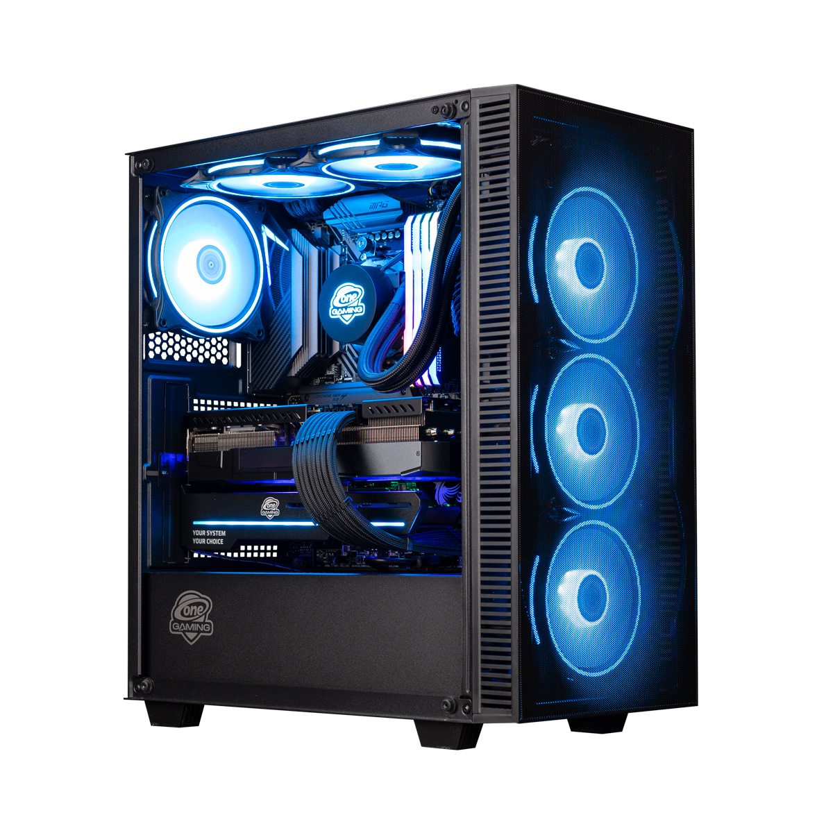 Ein schwarzes Computergehäuse mit blauen Lichtern im Inneren, von vorne sichtbar.
