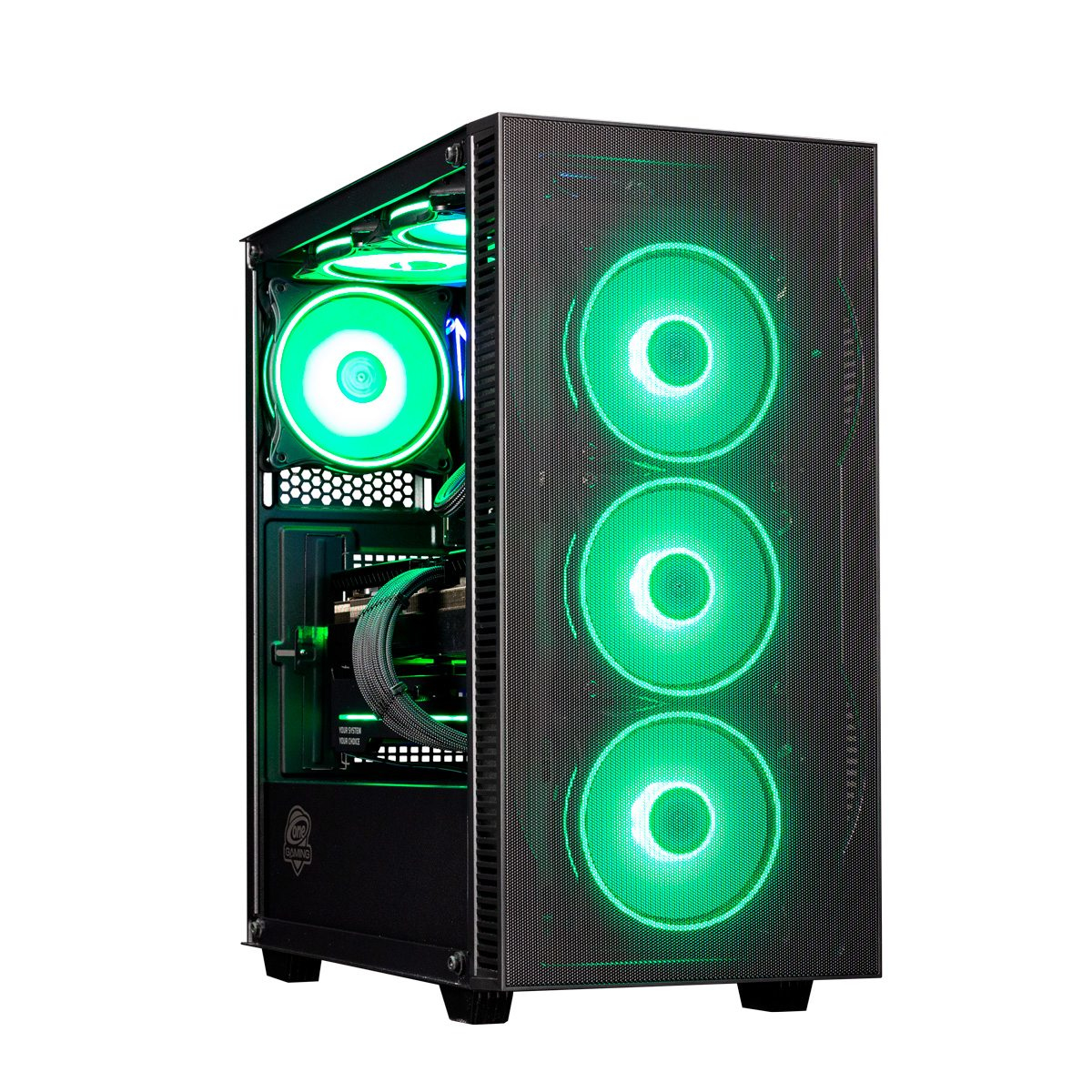 Ein Gaming-PC mit grünen LED-Leuchten. Er hat eine Mesh-Front und eine Seitenverkleidung.