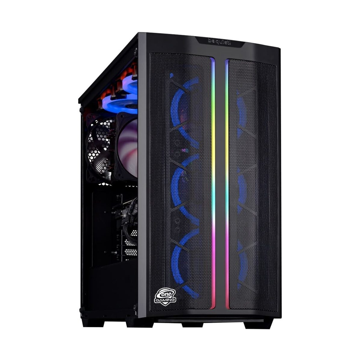 Ein schwarzer Computer-Tower mit Mesh-Front und blauen Lichtern.