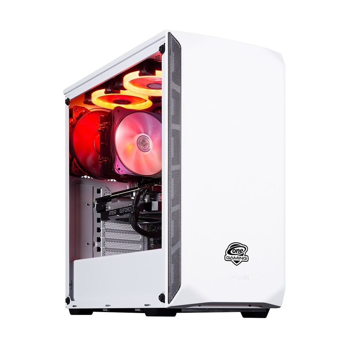 Ein weißes Computergehäuse mit roter Innenbeleuchtung und Lüftern.