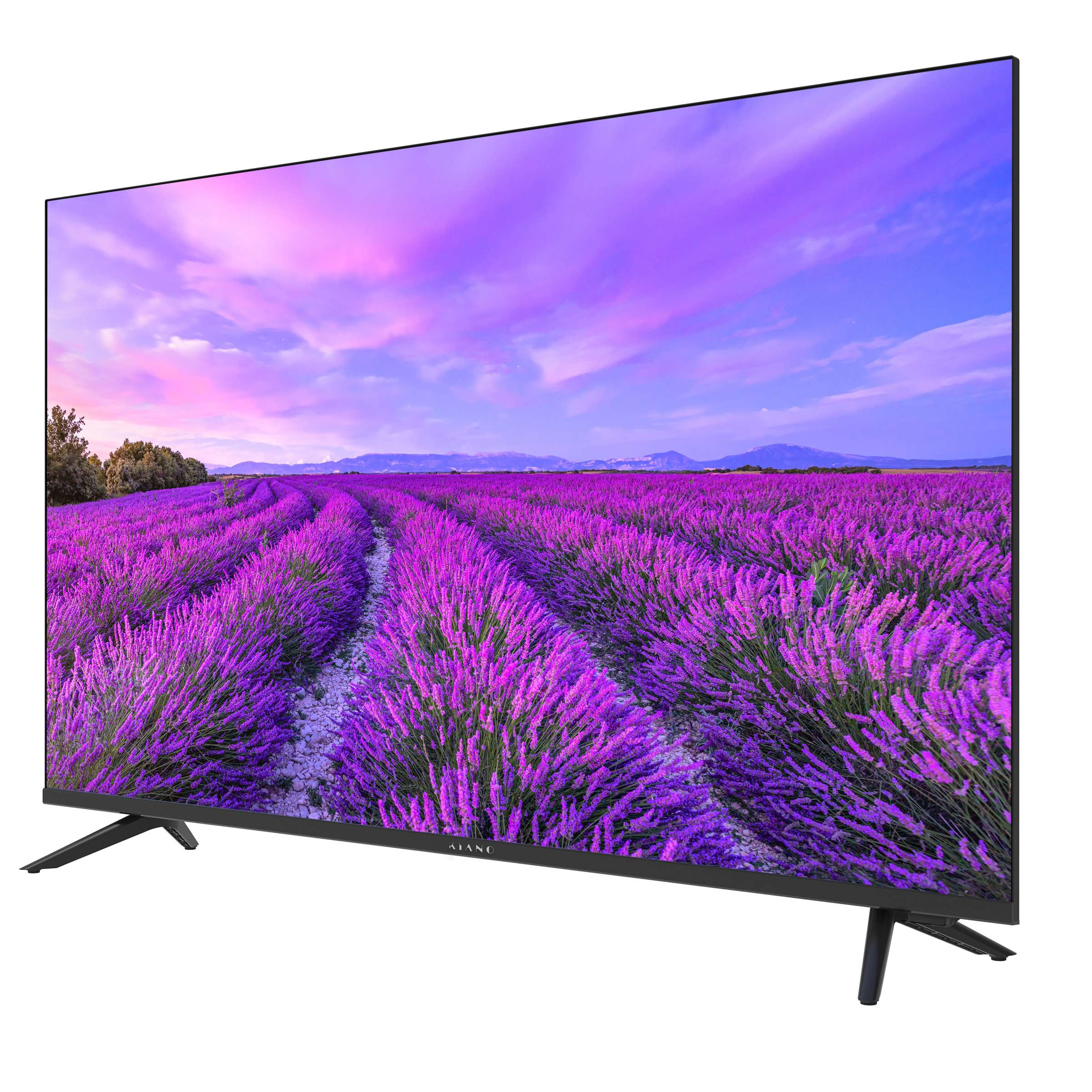 Telewizor wyświetla pole kwiatów lawendy pod zachodzącym słońcem.