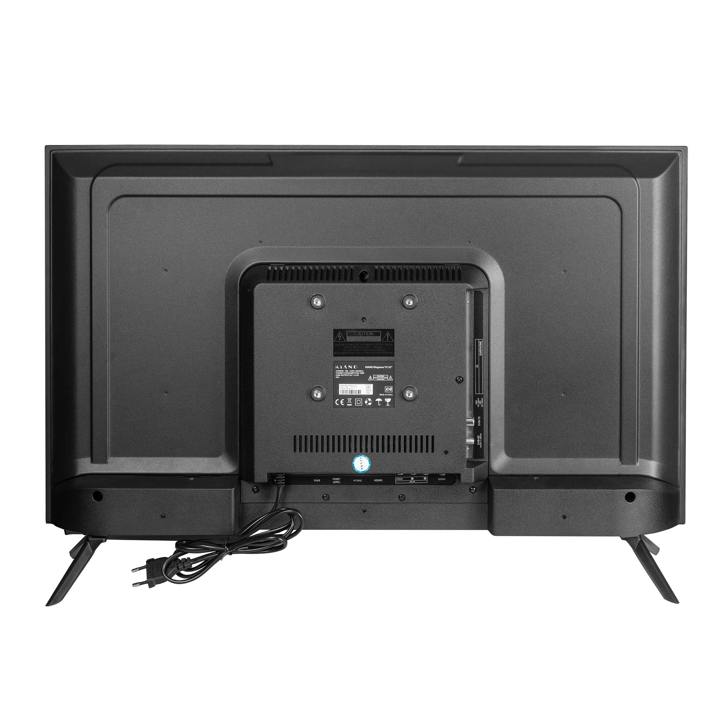 Tył telewizora. Posiada porty i przewód zasilający.