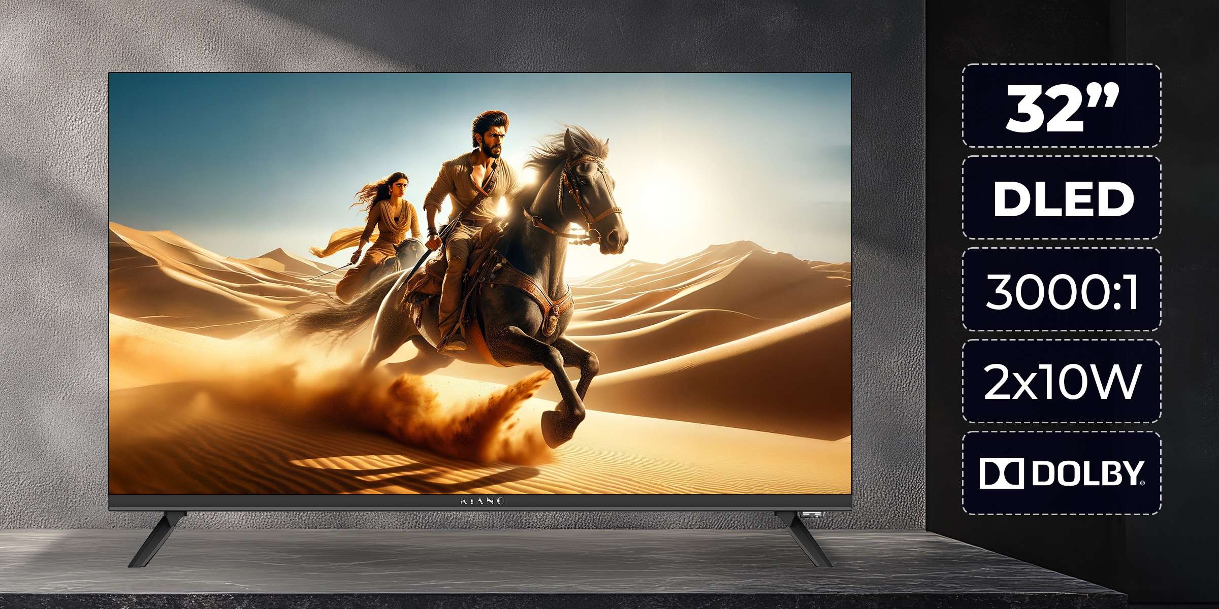 Telewizor DLED 32" wyświetlający scenę ludzi na koniu, ze specyfikacją po prawej stronie.