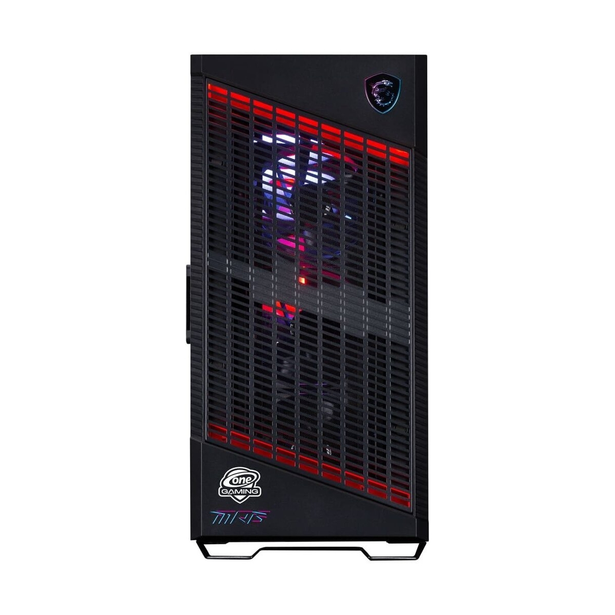 Schwarzer und roter Computerturm, mit einem One Gaming Aufkleber und Lichtern.