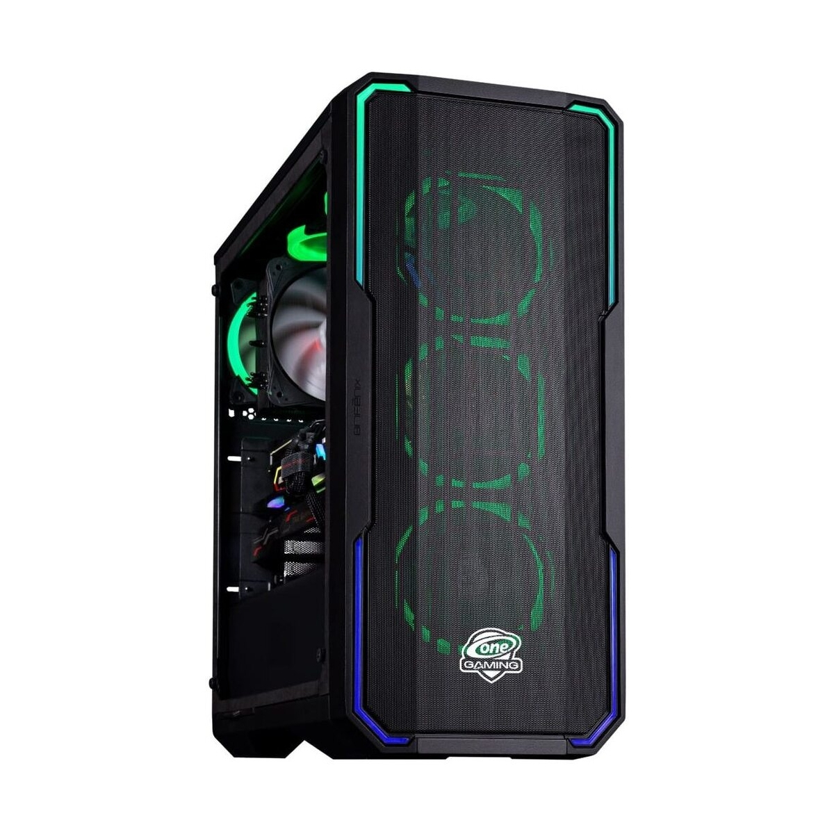 Schwarzes Computergehäuse. Das Gehäuse hat eine Mesh-Front mit grüner und blauer Beleuchtung.