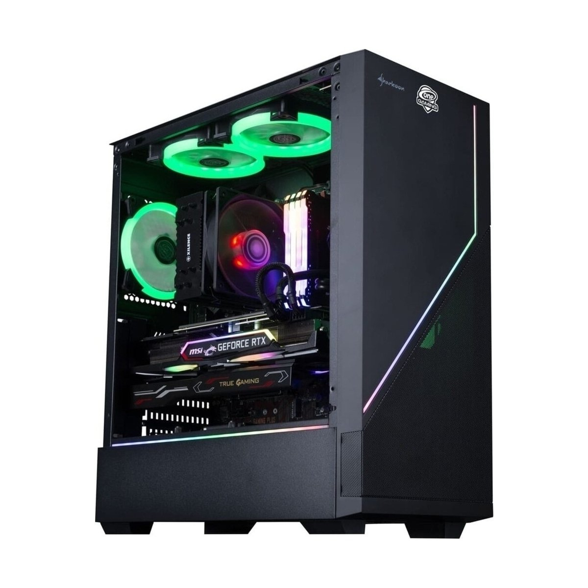 Ein schwarzes Computergehäuse mit grünen und roten Lichtern und sichtbaren Komponenten.