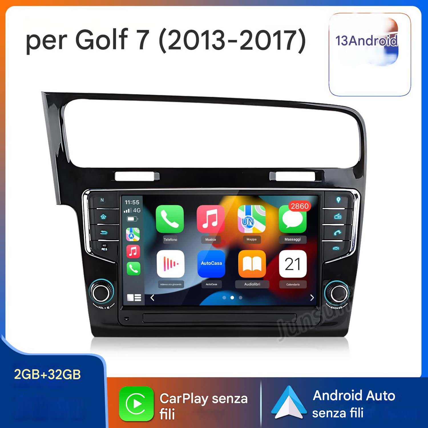 Sistema infotainment auto per Golf 7 (2013-2017) con interfaccia touchscreen.