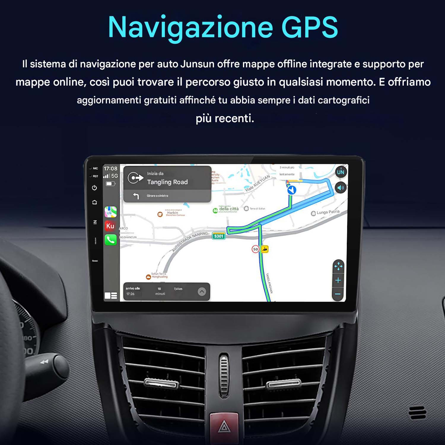 Cruscotto auto con display sistema navigazione GPS che mostra un percorso.
