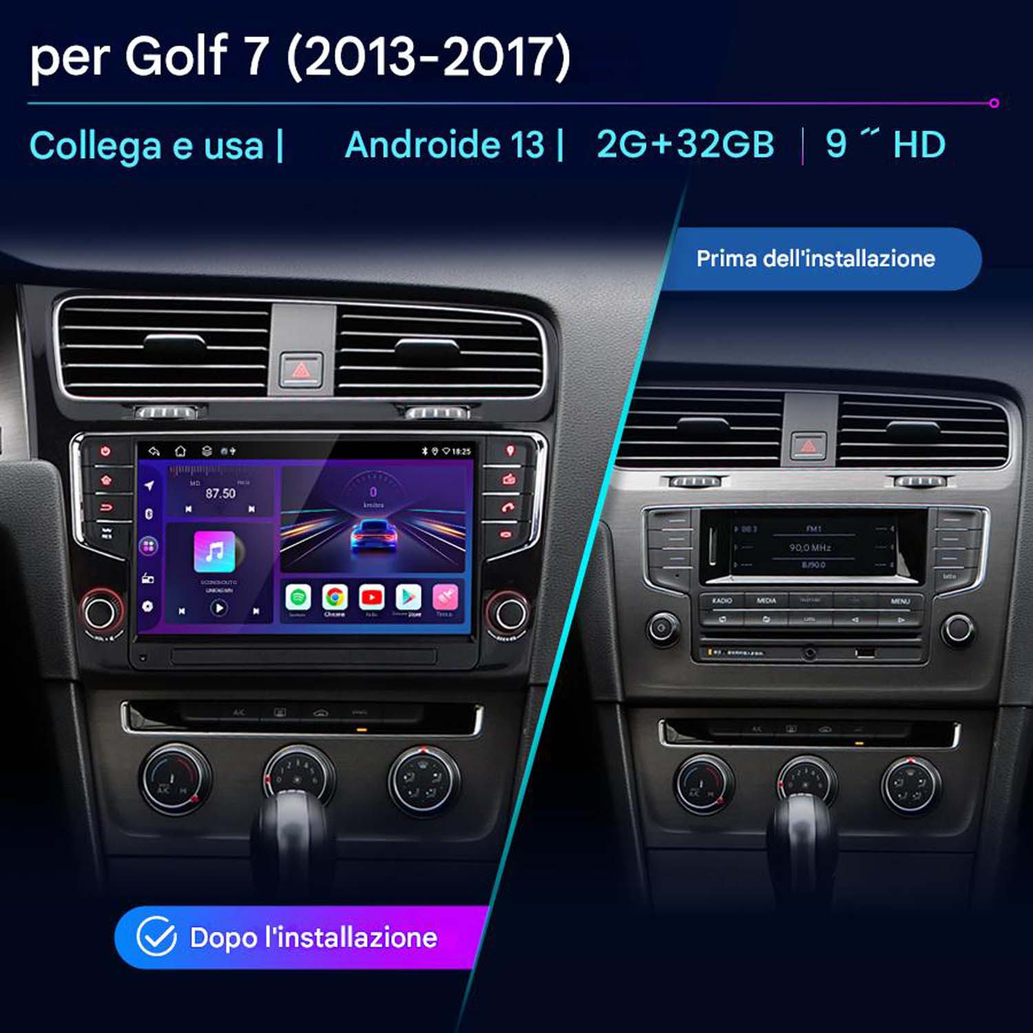 Schermo di installazione stereo per auto, che mostra viste prima e dopo. Cornice nera con touchscreen.