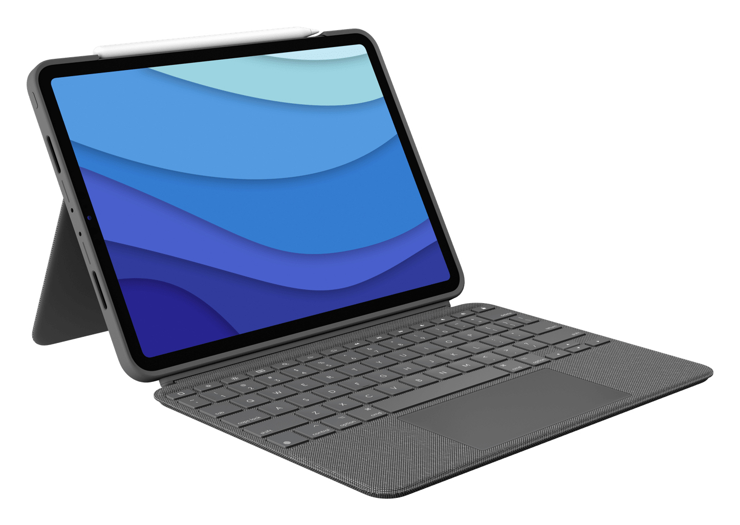 Un tablet grigio con tastiera e stilo, su sfondo bianco.