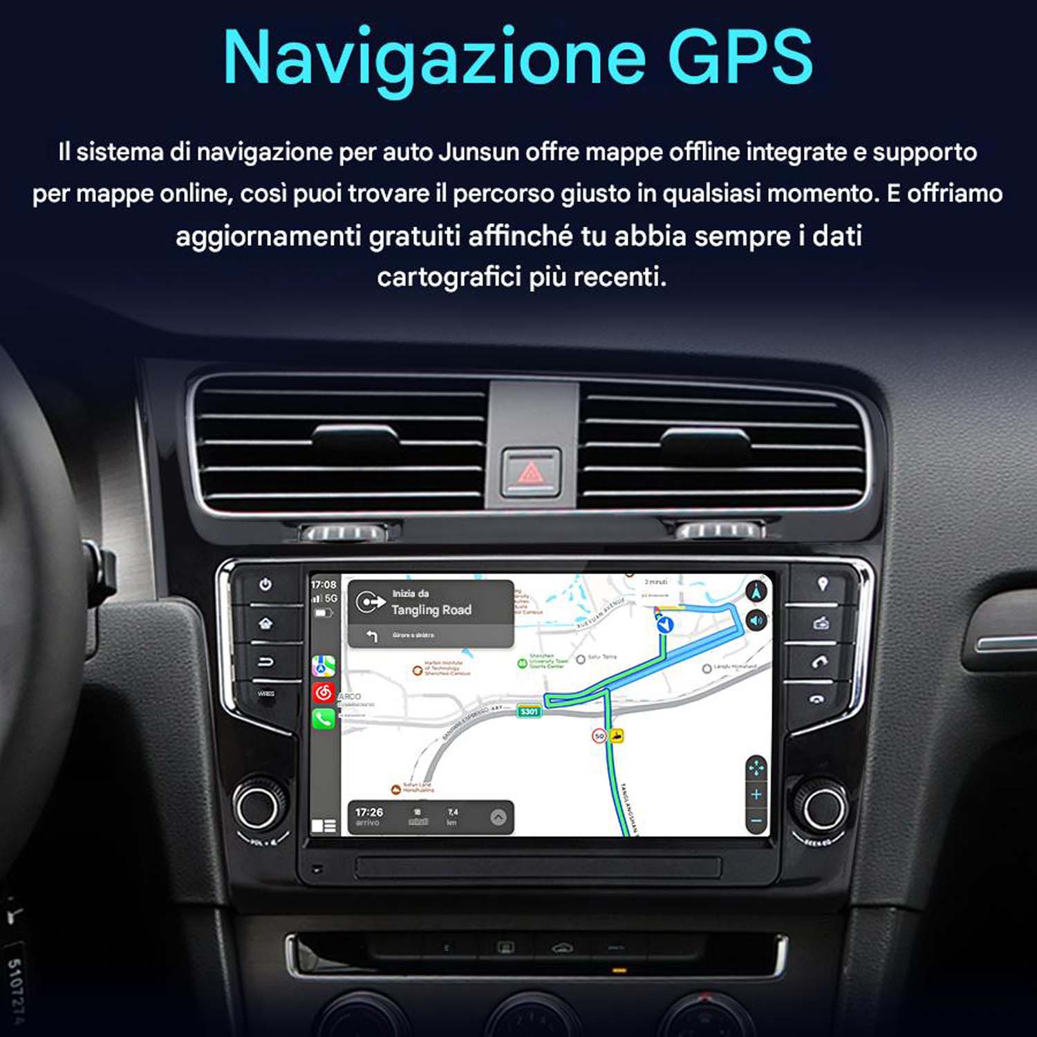 Cruscotto auto che mostra la telecamera posteriore con linee guida. Una telecamera è mostrata nell'angolo.