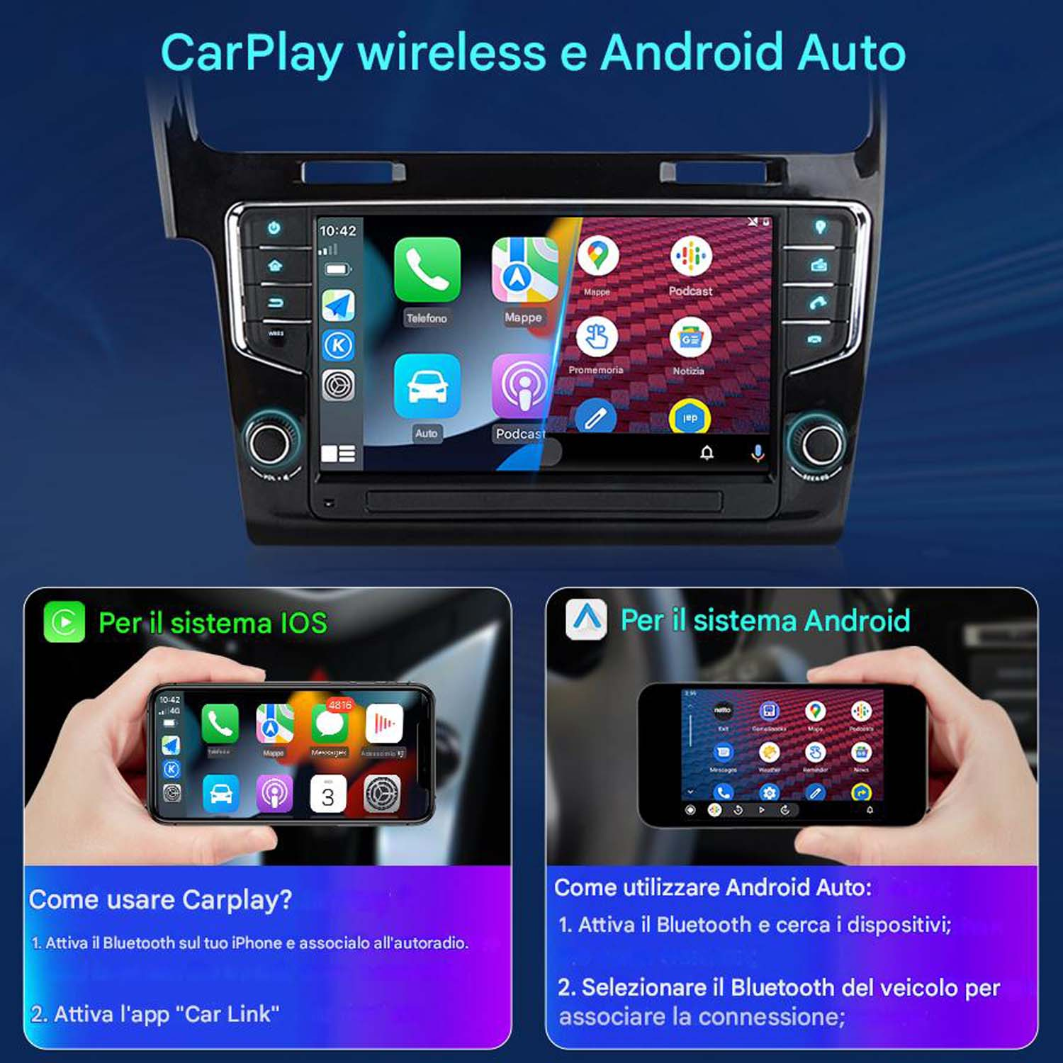 Interfaccia CarPlay e Android Auto sul cruscotto. Schermi del telefono mostrano app.