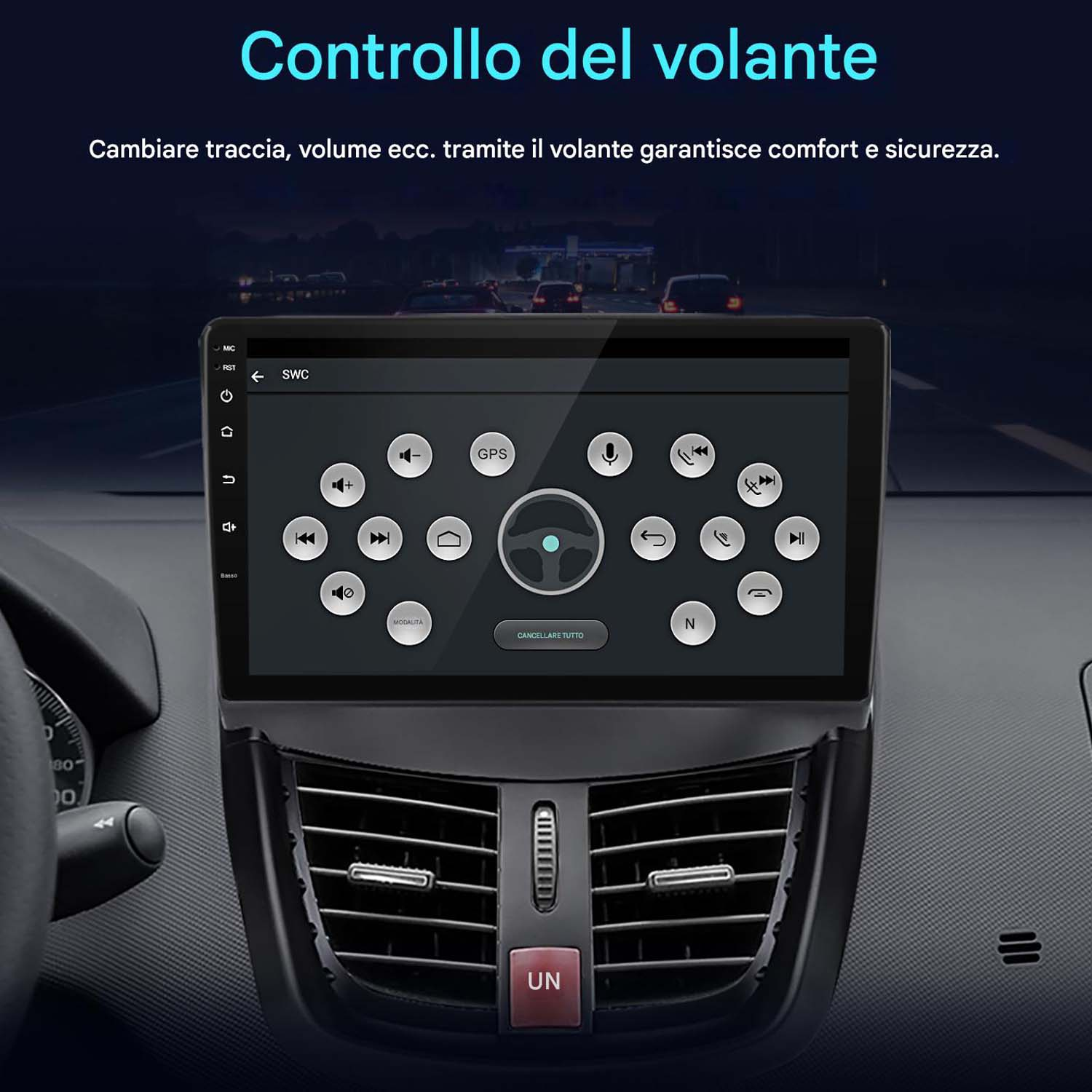 Cruscotto auto con display touchscreen che mostra navigazione e controlli.